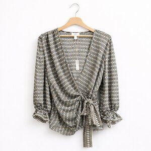 #006 MAX STUDIO | NWT | Green Gold & White Tie Front Patterned Blouse - Large